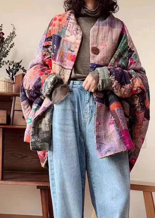 Retro Print Button Pockets Winter Cotton Parka