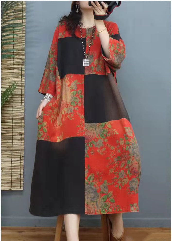 Red Hooded Patchwork Cotton Party Dress Winter