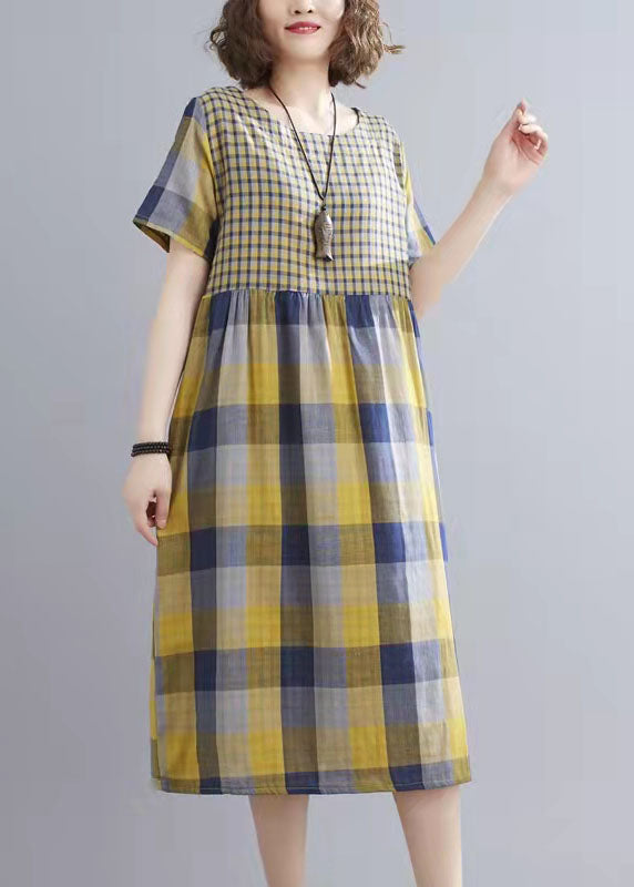 Yellow Plaid Pockets Patchwork Fall Holiday Dress Long Sleeve