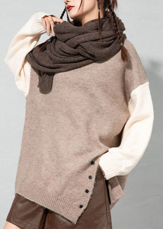 Boutique Apricot O-neck Asymmetrical Thick Patchwork Woolen Sweater Tops Spring