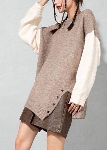 Boutique Apricot O-neck Asymmetrical Thick Patchwork Woolen Sweater Tops Spring