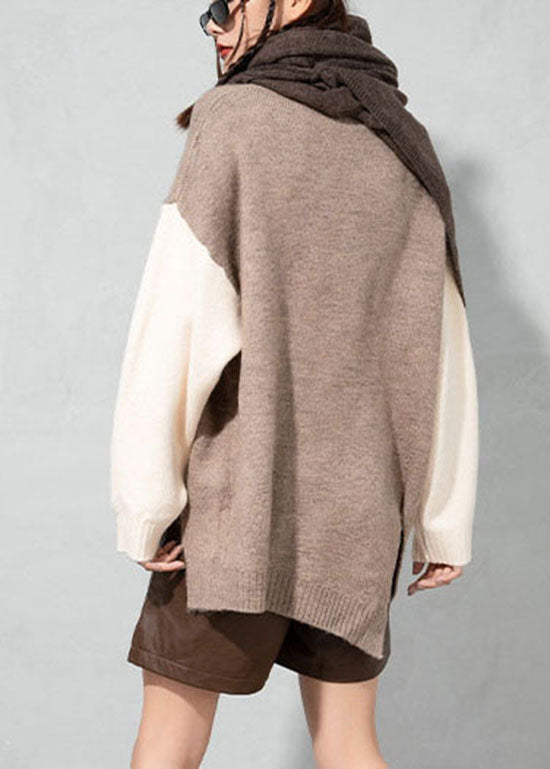 Boutique Apricot O-neck Asymmetrical Thick Patchwork Woolen Sweater Tops Spring