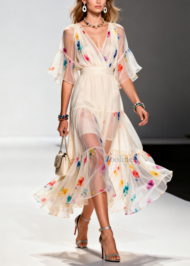 Boutique Apricot Print Chiffon Tunic Dresses Summer