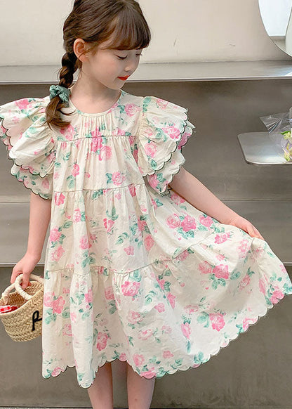 Boutique Apricot Print Patchwork Cotton Kids Dresses Butterfly Sleeve