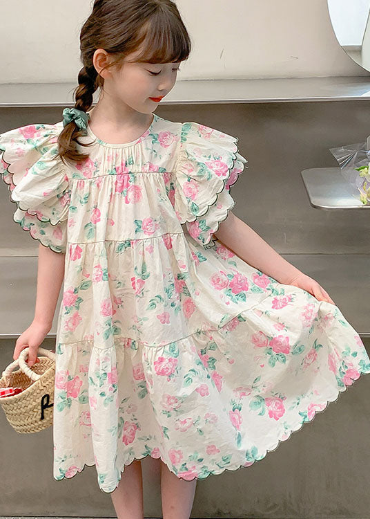 Boutique Apricot Print Patchwork Cotton Kids Dresses Butterfly Sleeve