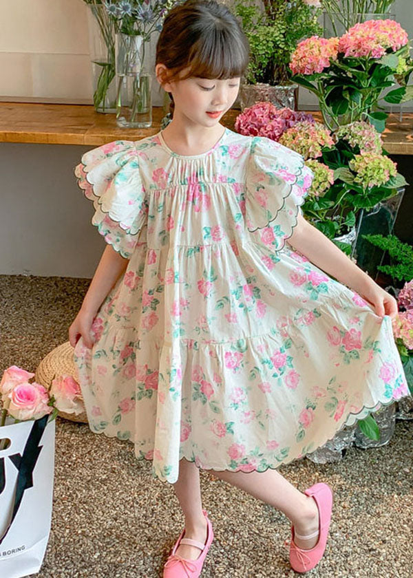 Boutique Apricot Print Patchwork Cotton Kids Dresses Butterfly Sleeve