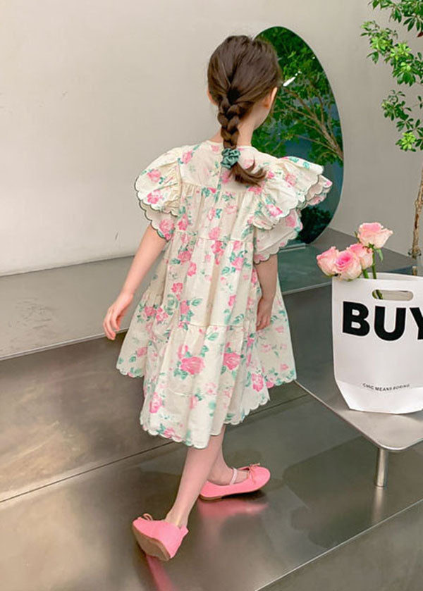 Boutique Apricot Print Patchwork Cotton Kids Dresses Butterfly Sleeve