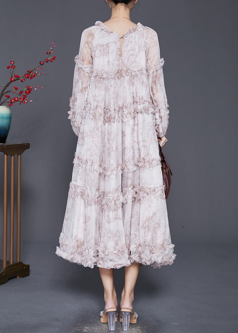 Boutique Apricot Ruffled Tie Dye Chiffon Ankle Dress Spring