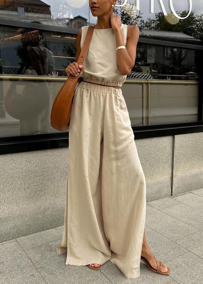 Boutique Apricot Side Open Linen Vests and Straight Pants Two Pieces Set Sleeveless
