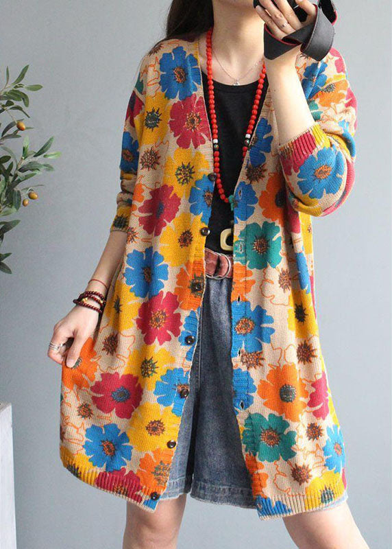 Boutique Apricot V Neck Print Button Fall Knit Cardigan Long Sleeve