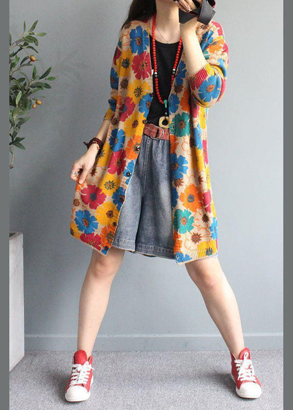 Boutique Apricot V Neck Print Button Fall Knit Cardigan Long Sleeve