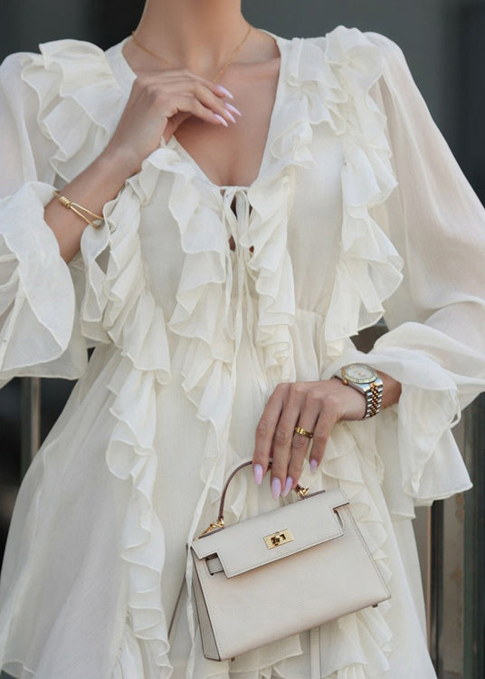 Boutique Apricot V Neck Ruffled Lace Up Chiffon Mini Dress Spring