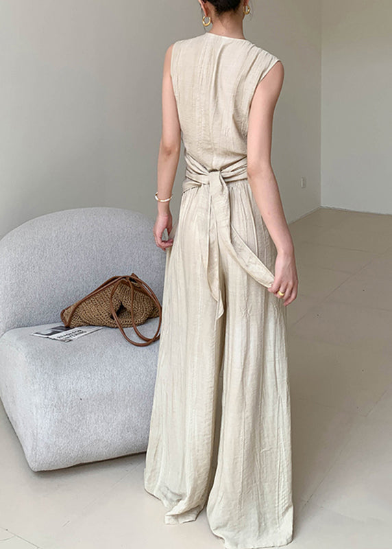 Boutique Apricot V Neck Wrinkled Linen Vest and Wide Leg Pants Two Pieces Set Summer