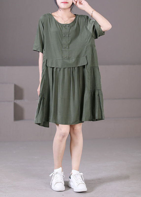 Boutique Army Green O-neck Wrinkled Patchwork Cotton Mid Dresses Short Sleeve
