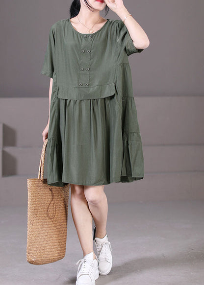 Boutique Army Green O-neck Wrinkled Patchwork Cotton Mid Dresses Short Sleeve
