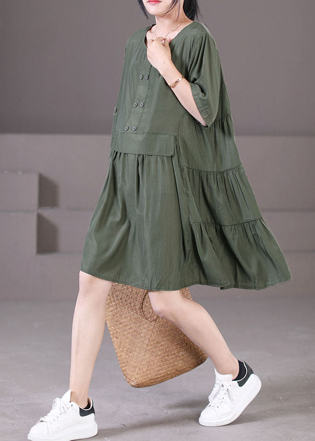 Boutique Army Green O-neck Wrinkled Patchwork Cotton Mid Dresses Short Sleeve