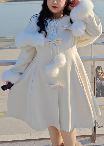 Boutique Beige Bow Cape and Long Coats Woolen Two Pieces Set Winter