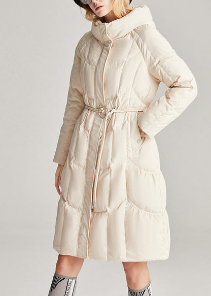 Boutique Beige Button Tie Waist Slim Fit Winter Duck Down Jacket