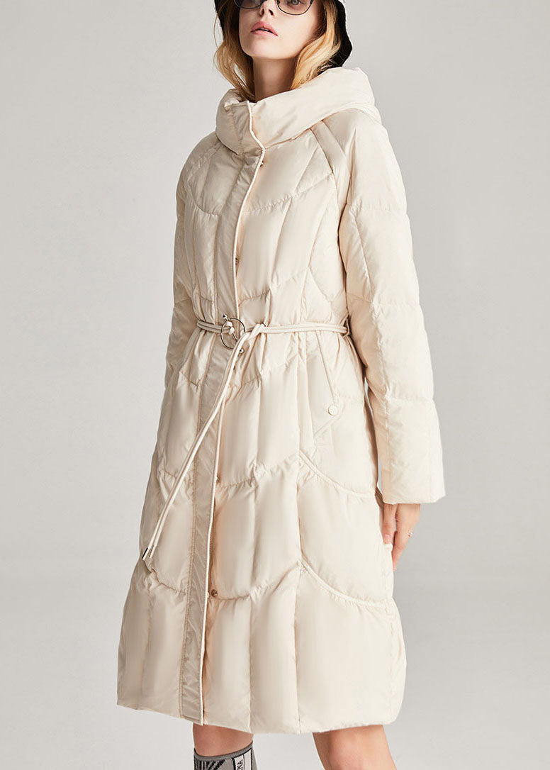 Boutique Beige Button Tie Waist Slim Fit Winter Duck Down Jacket