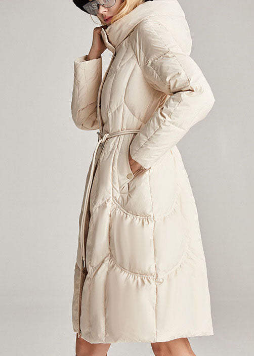Boutique Beige Button Tie Waist Slim Fit Winter Duck Down Jacket