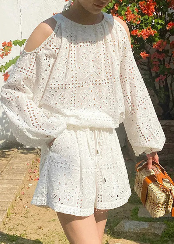 Boutique Beige Cold Shoulder Shirt and Shorts Cotton Two Pieces Set Summer