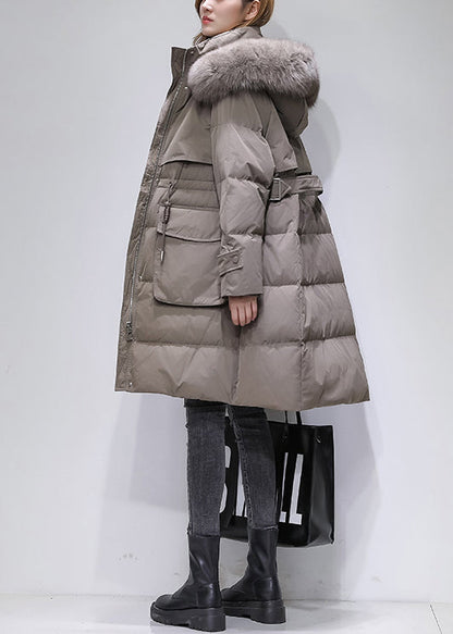 Boutique Beige Fur Collar Hooded Drawstring Cotton Blend Coat Winter