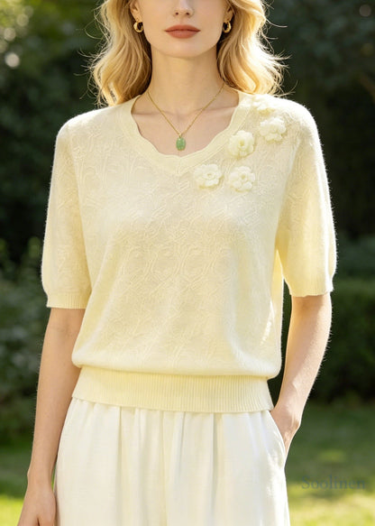 Boutique Beige Jacquard Handmade Knit Shirt Top Summer