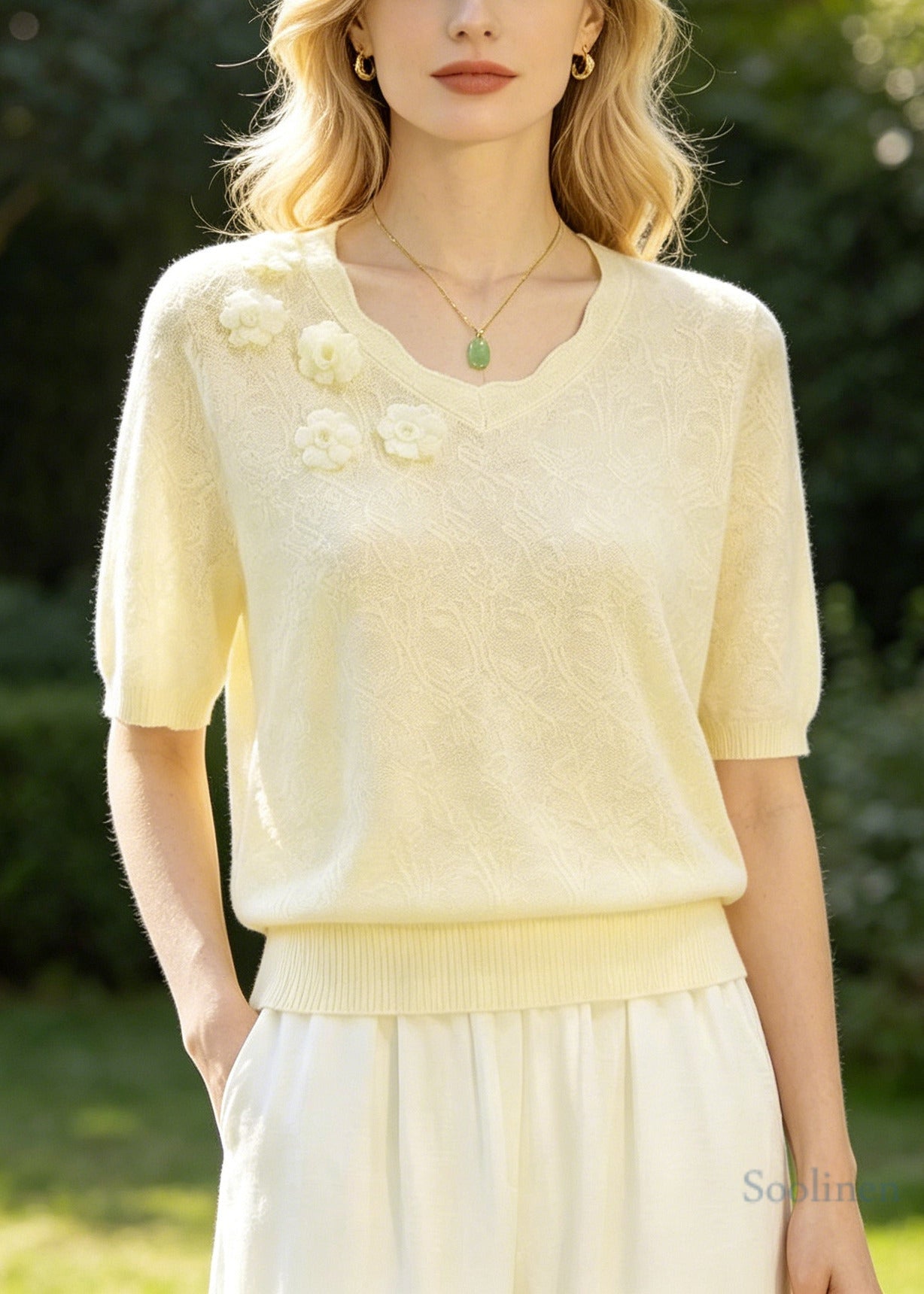 Boutique Beige Jacquard Handmade Knit Shirt Top Summer
