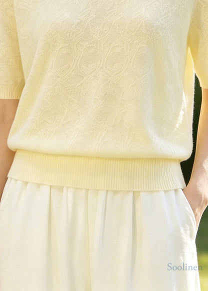 Boutique Beige Jacquard Handmade Knit Shirt Top Summer