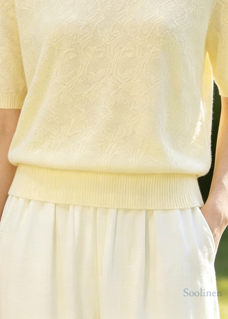 Boutique Beige Jacquard Handmade Knit Shirt Top Summer