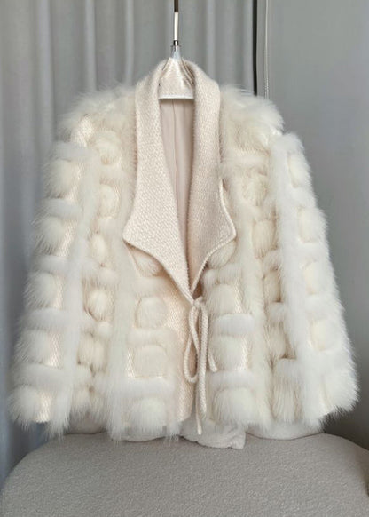 Boutique Beige Knit Patchwork Leather and Fur Jackets Winter