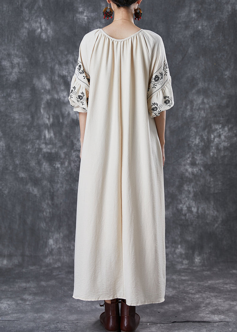 Boutique Beige O-neck Oversized Cotton Maxi Dresses Puff Sleeve