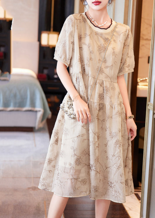 Boutique Beige O-neck Patchwork Print Chiffon Long Dresses Summer