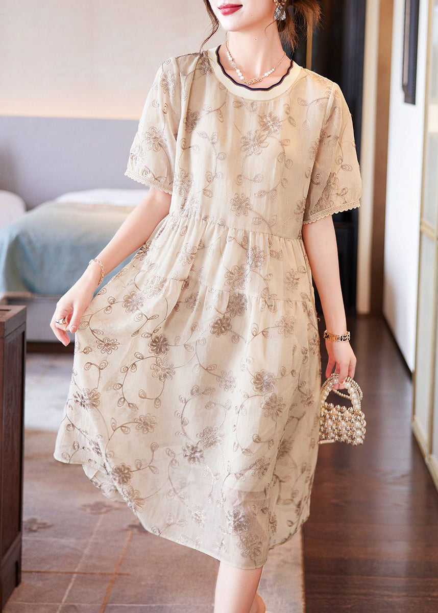 Boutique Beige O-neck Patchwork Print Chiffon Long Dresses Summer