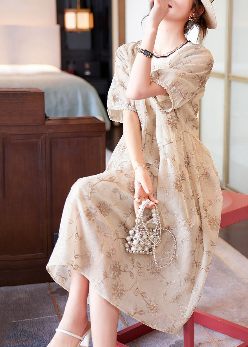 Boutique Beige O-neck Patchwork Print Chiffon Long Dresses Summer