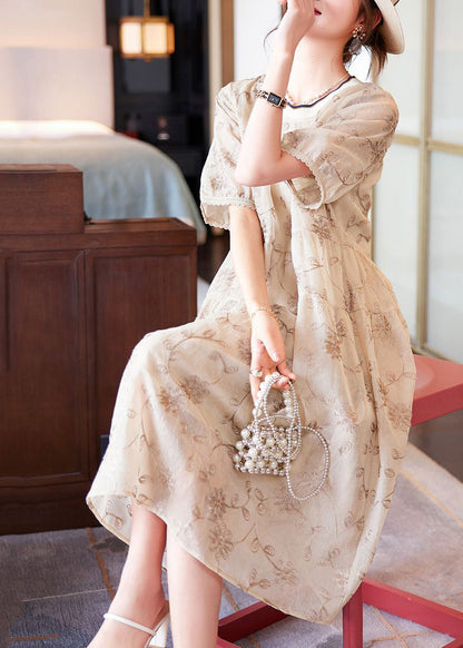 Boutique Beige O-neck Patchwork Print Chiffon Long Dresses Summer