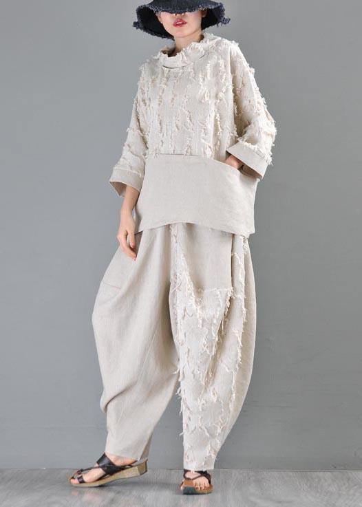 Boutique Beige Patchwork Batwing Sleeve Cotton Linen Top Summer
