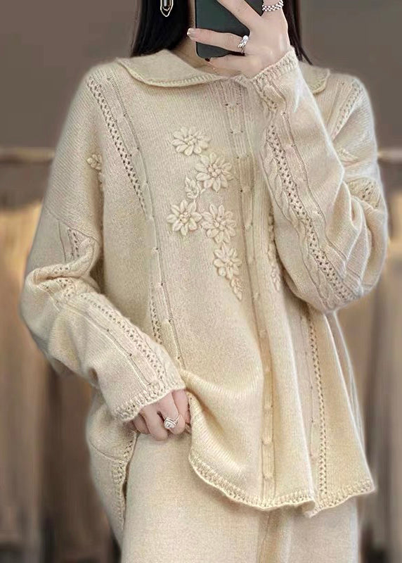 Boutique Beige Peter Pan Collar Ruffled Patchwork Wool Knit Sweaters Spring
