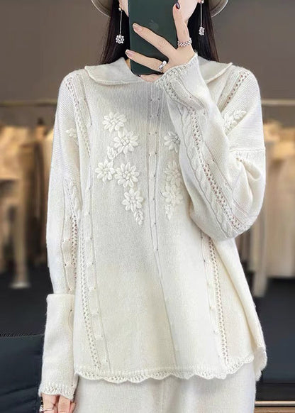 Boutique Beige Peter Pan Collar Ruffled Patchwork Wool Knit Sweaters Spring