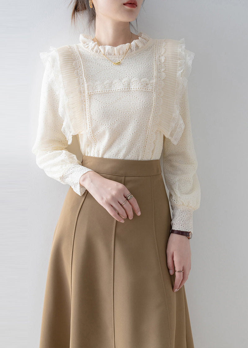 Boutique Beige Ruffled Patchwork Lace Top Spring