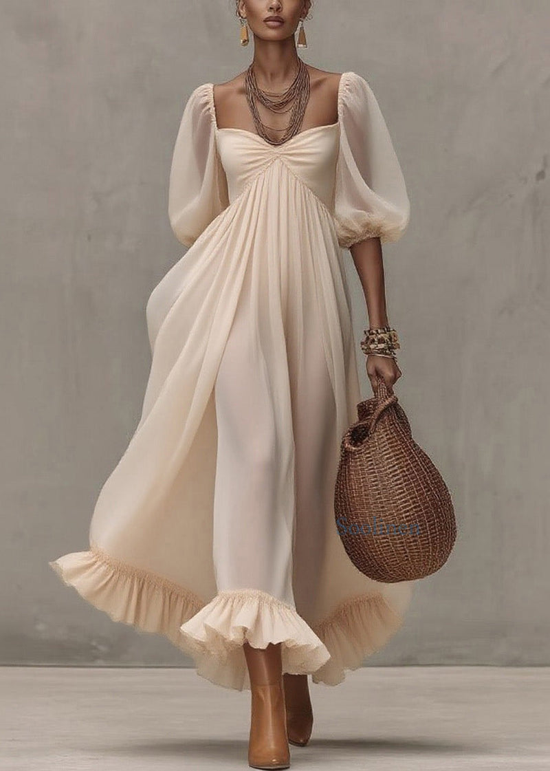 Boutique Beige Ruffled Puff Sleeve Patchwork Chiffon Dresses