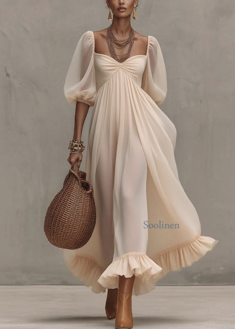 Boutique Beige Ruffled Puff Sleeve Patchwork Chiffon Dresses