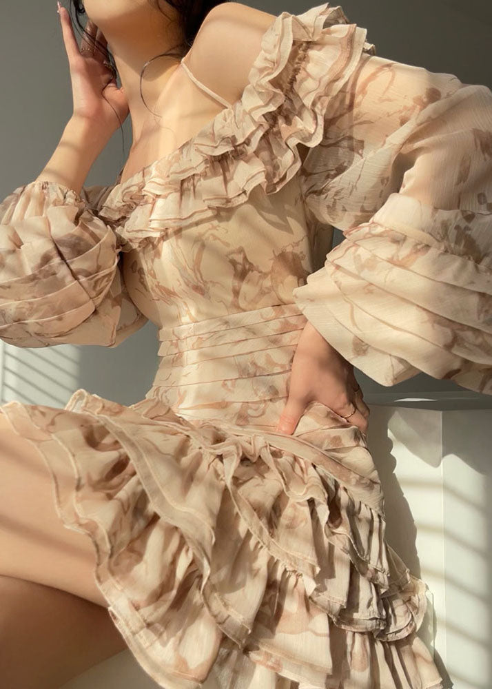 Boutique Beige Slash Neck Ruffles Chiffon Maxi Spaghetti Strap Dresses Puff Sleeve