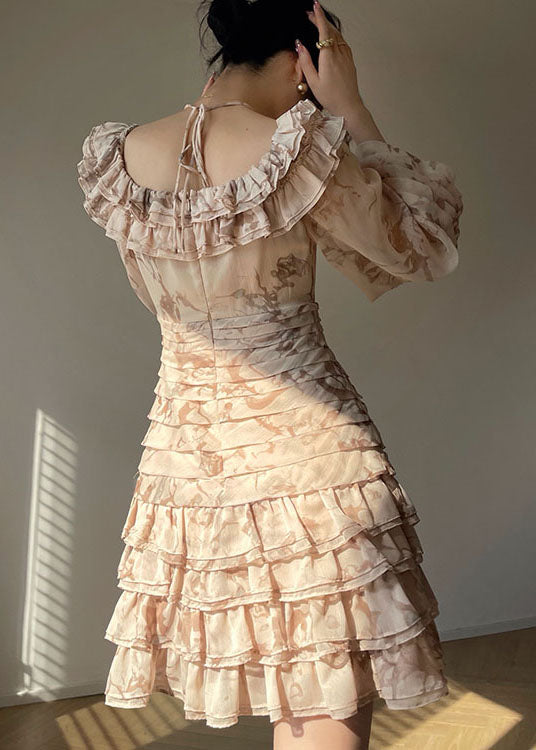 Boutique Beige Slash Neck Ruffles Chiffon Maxi Spaghetti Strap Dresses Puff Sleeve