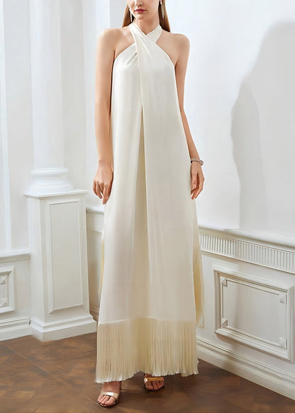 Boutique Beige Tasseled Off the Shoulder Dress Sleeveless