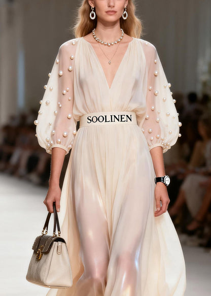 Boutique Beige V Neck Patchwork Pearl Silk Maxi Dress Summer