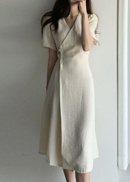 Boutique Beige V Neck Cotton Long Dresses Short Sleeve