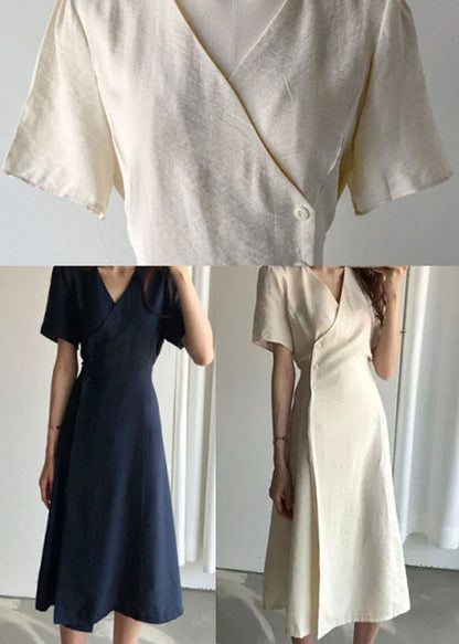 Boutique Beige V Neck Cotton Long Dresses Short Sleeve