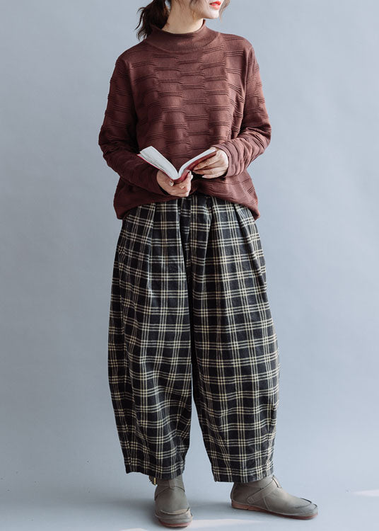 Boutique Beige Elastic Waist Plaid Cotton Pants Spring