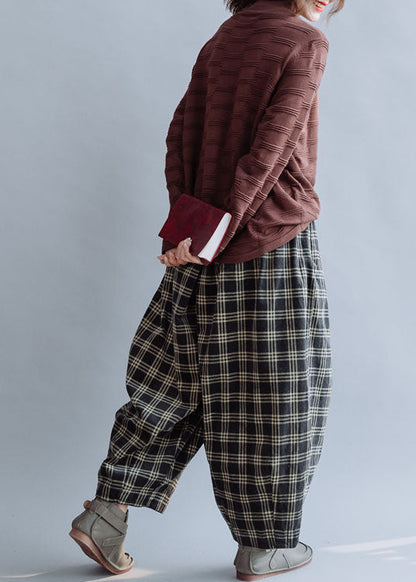 Boutique Beige Elastic Waist Plaid Cotton Pants Spring